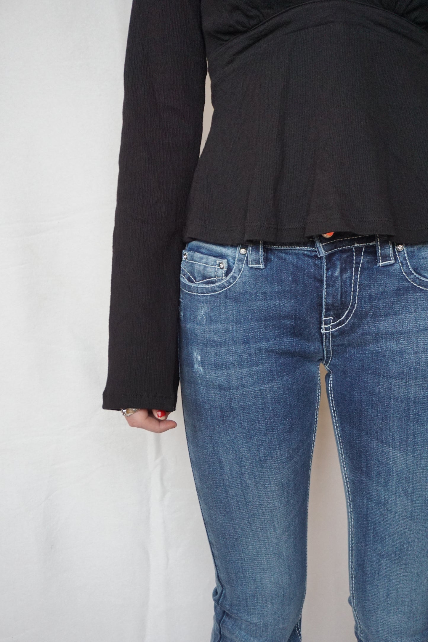 Blue flap pocket bootcut jeans