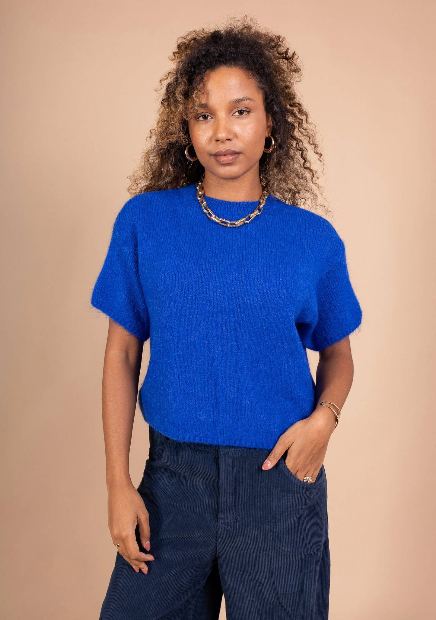 Mossgrön Kortärmad Stickad