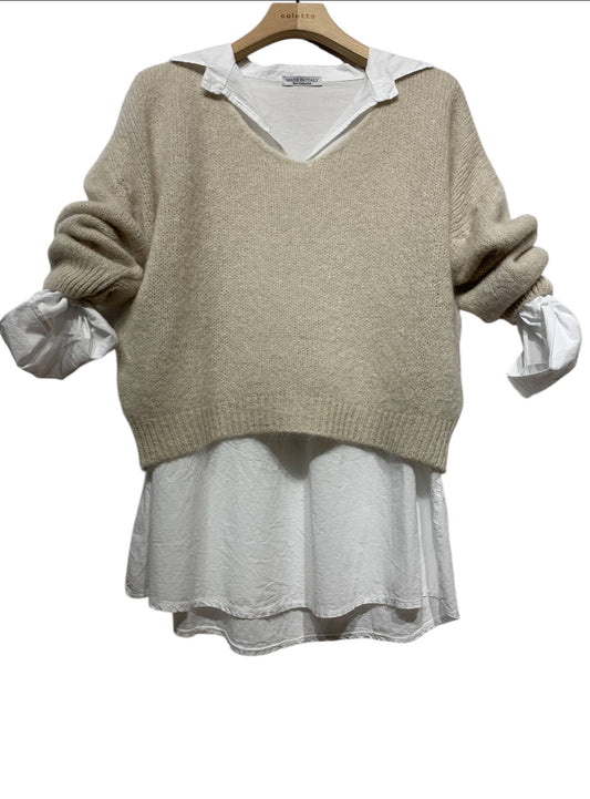 Dubbeltröja, skjorta och stickad tröja BEIGE